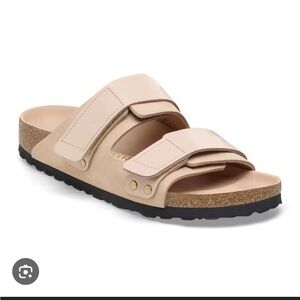 Birkenstock Uji Nubuck Two-Strap Slide Sandal in New Beige